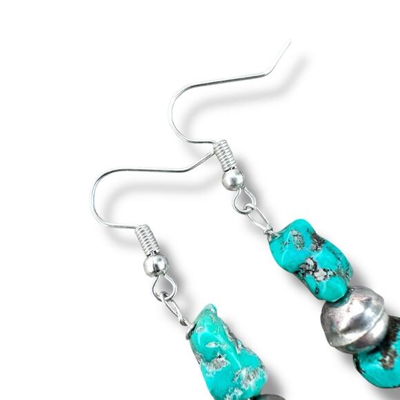 Turquoise Sterling Silver Bench Bead Nugget Stack Southwest 925 Dangle Earrings - Picture 5 of 5